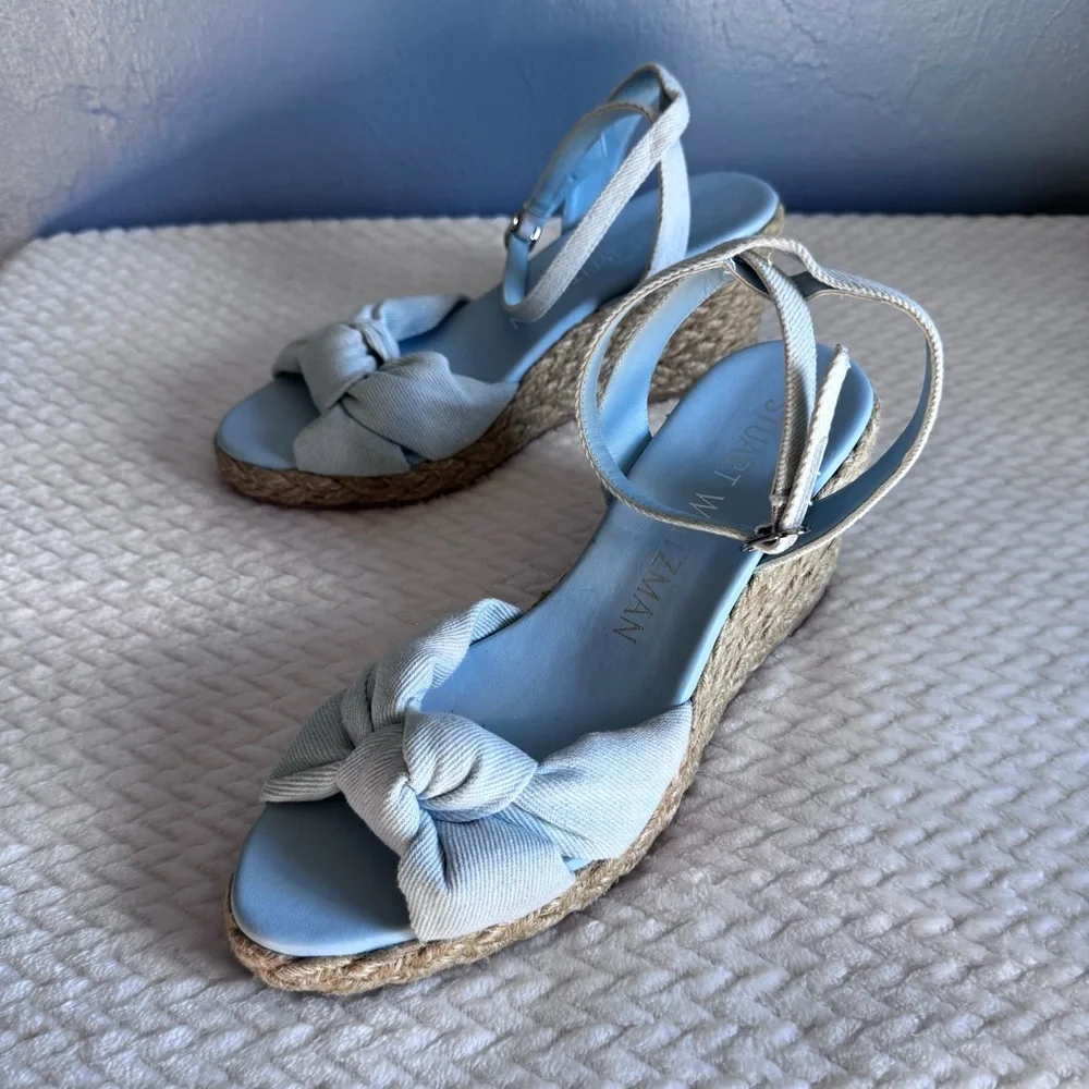 Stuart Weitzman Playa Espadrille Knot Wedge Sandals 9 B Blue Denim Ankle Strap